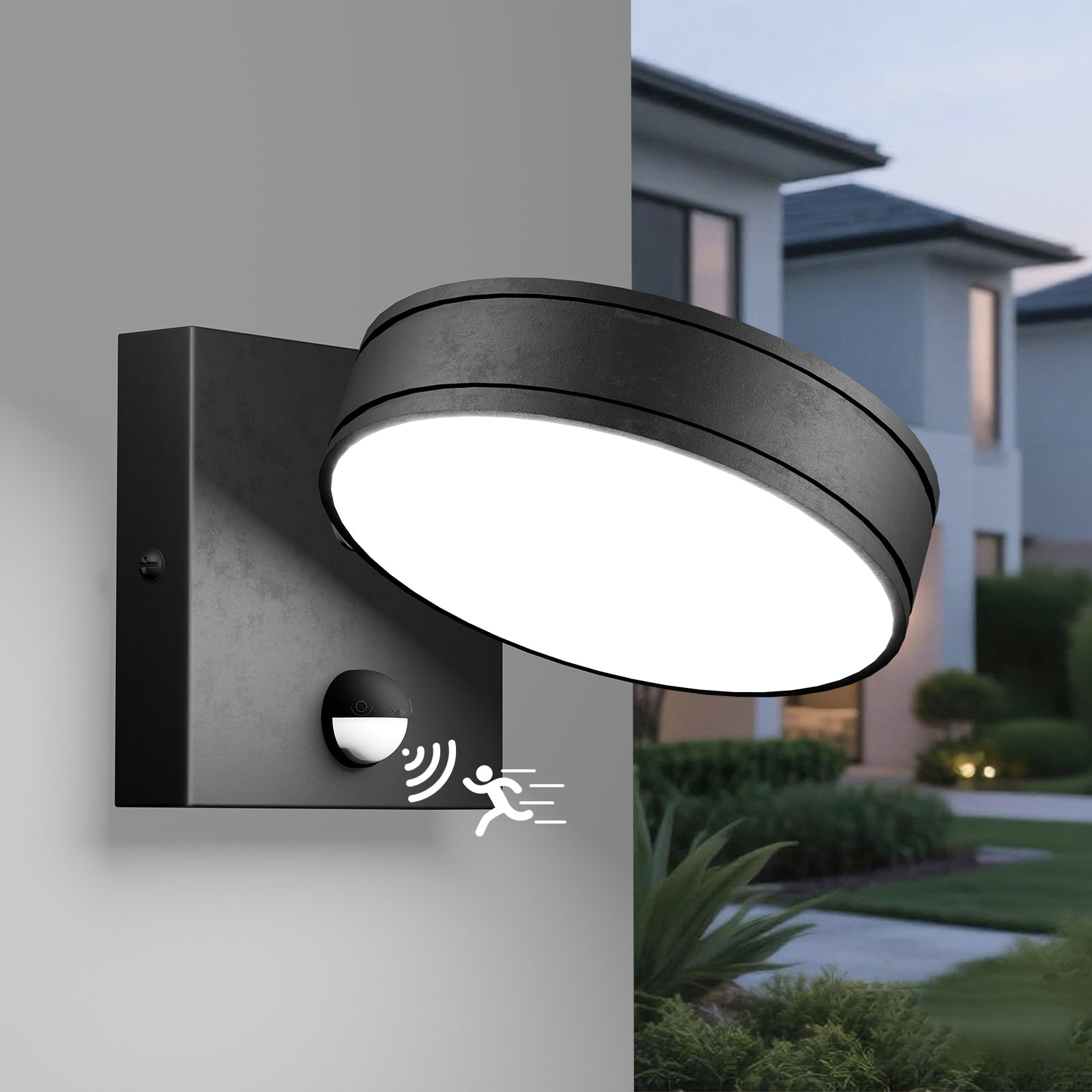 360° Adjustable Motion Sensor LED Outdoor Wall Sconce, 1500LM Frameless Solid Aluminum Waterproof Exterior Light for Porch, Garage, Entryway, Patio