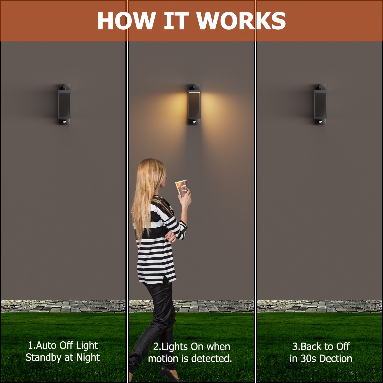 Motion Sensor LED Light, 15" Outdoor Wall Light Fixture, Waterproof Coach Lights with Tempered Glass, Exterior Porch Light for Front Door, House, Garage, Patio, Garden (Black)