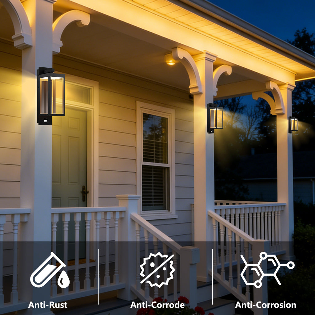 Motion Sensor LED Light, 15" Outdoor Wall Light Fixture, Waterproof Coach Lights with Tempered Glass, Exterior Porch Light for Front Door, House, Garage, Patio, Garden (Black)
