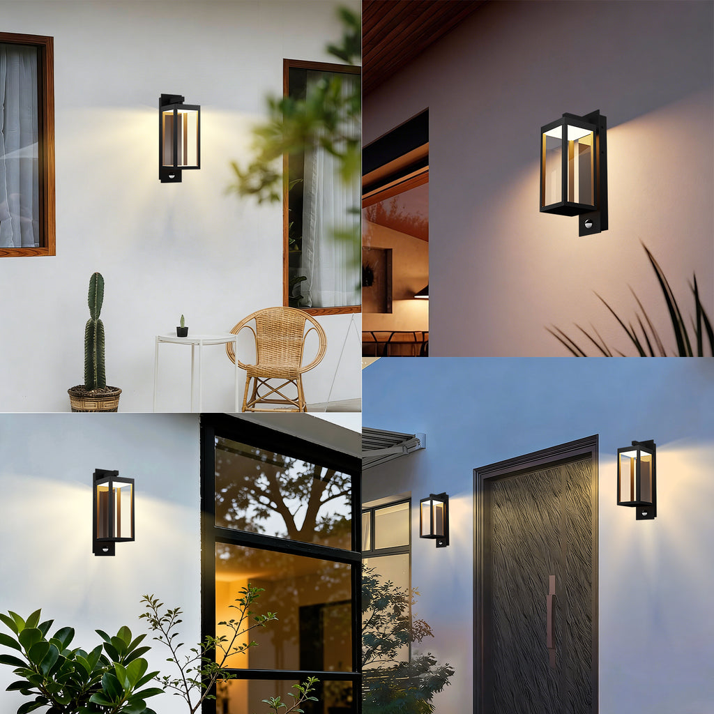 Motion Sensor LED Light, 15" Outdoor Wall Light Fixture, Waterproof Coach Lights with Tempered Glass, Exterior Porch Light for Front Door, House, Garage, Patio, Garden (Black)