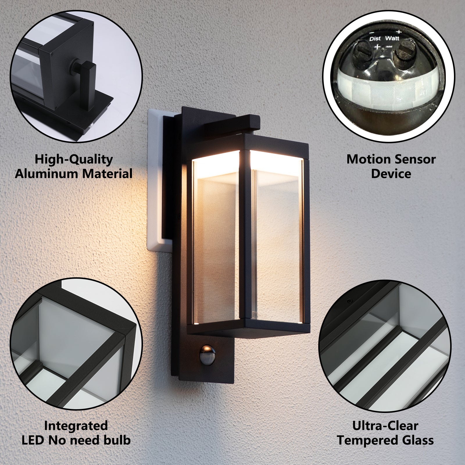 Motion Sensor LED Light, 15" Outdoor Wall Light Fixture, Waterproof Coach Lights with Tempered Glass, Exterior Porch Light for Front Door, House, Garage, Patio, Garden (Black)