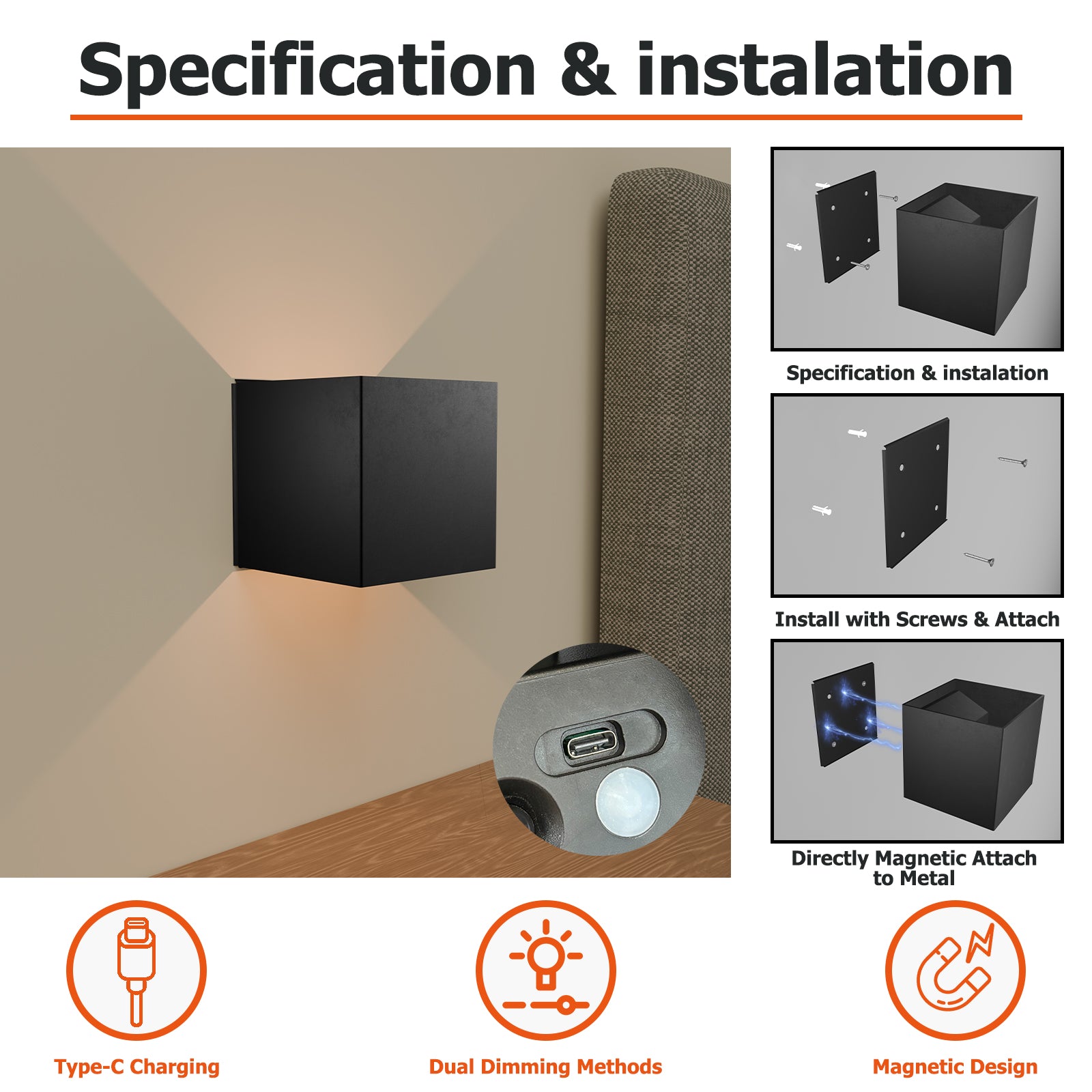 2-Pack Motion Sensor LED Wall Light, Wireless Tool-Free Installation, 2000mAh Type-C Rechargeable, IP65 Waterproof Aluminum Sconce for Front Door, Porch, Hallway, Patio (Black)