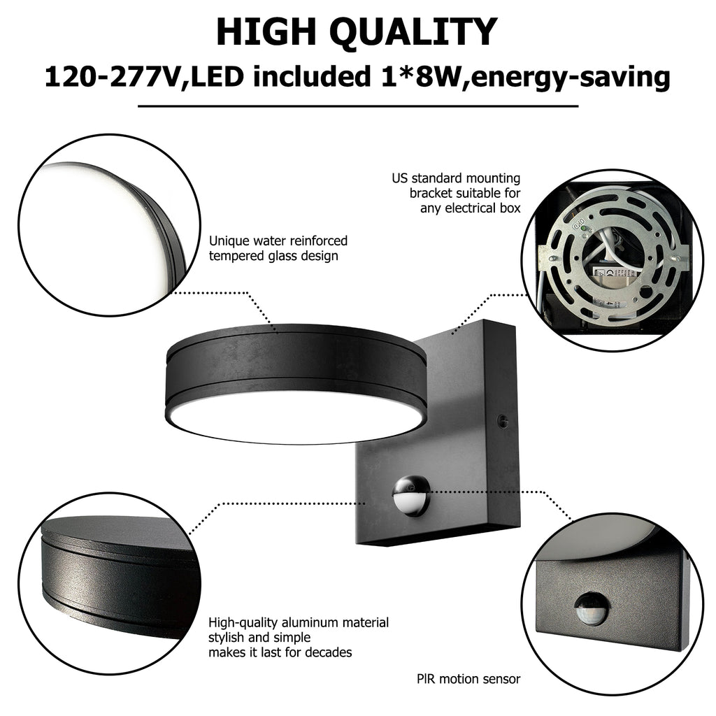 360° Adjustable Motion Sensor LED Outdoor Wall Sconce, 1500LM Frameless Solid Aluminum Waterproof Exterior Light for Porch, Garage, Entryway, Patio