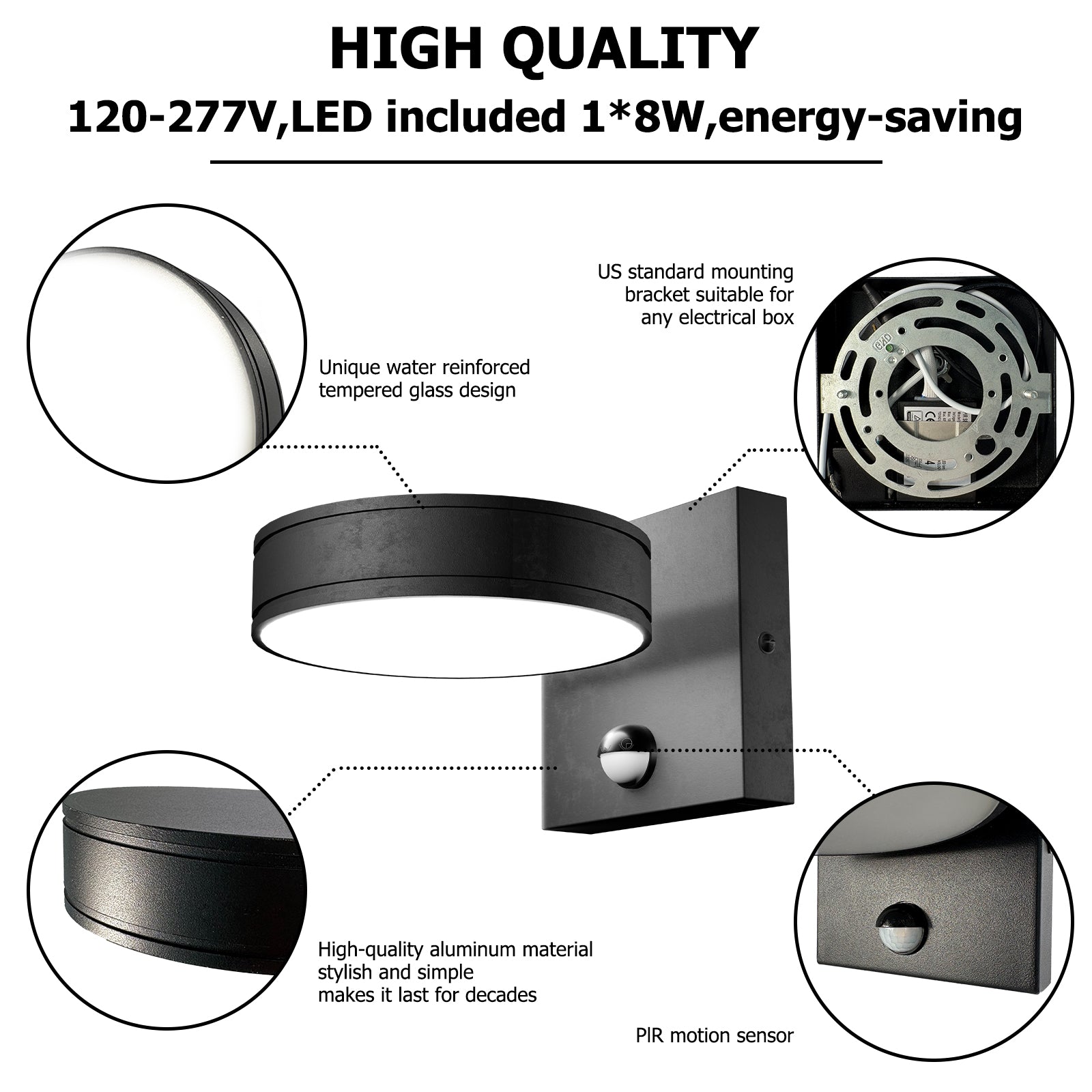 360° Adjustable Motion Sensor LED Outdoor Wall Sconce, 1500LM Frameless Solid Aluminum Waterproof Exterior Light for Porch, Garage, Entryway, Patio