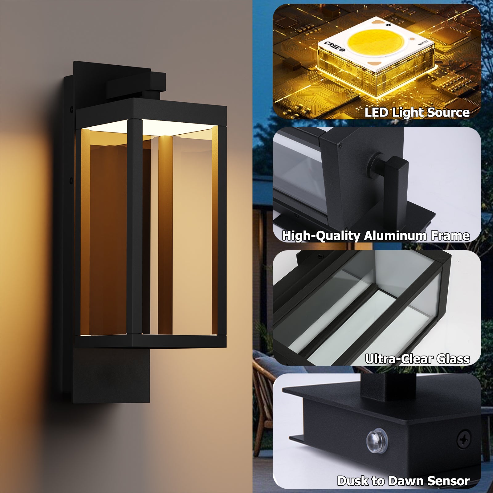 Dusk to Dawn Outdoor Wall Light 15 inch Exterior Light Fixture Wall Mount for House Front Porch Light, White Anti-Rust Aluminium Exterior Wall Sconce Lamp with Tempered Glass for Doorway, Garage
