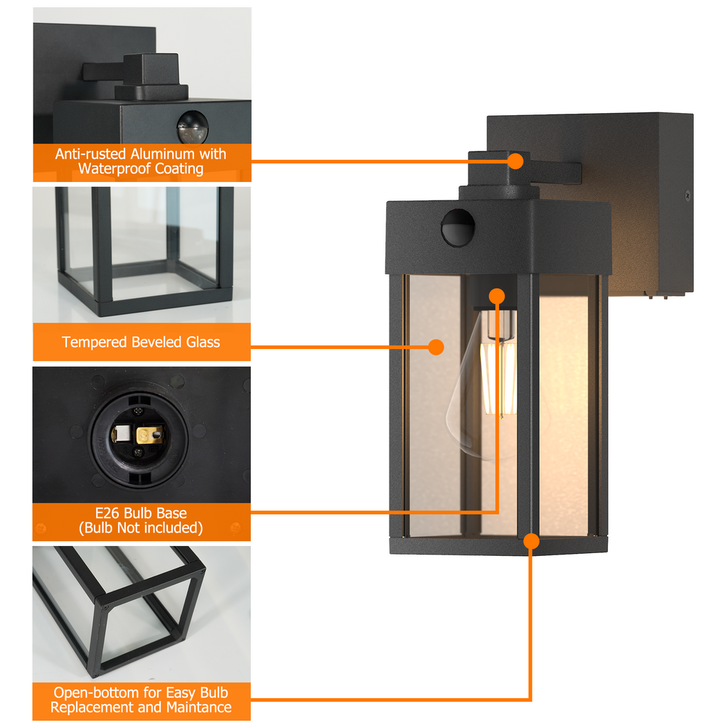 Porch Lights with GFCI Outlet, Motion Sensor Waterproof Outdoor Wall Sconce, Exterior Modern Lighting Fixtures, 20A Weatherproof Dual E26 Sockets, Rustproof Aluminum for Patio/Garage