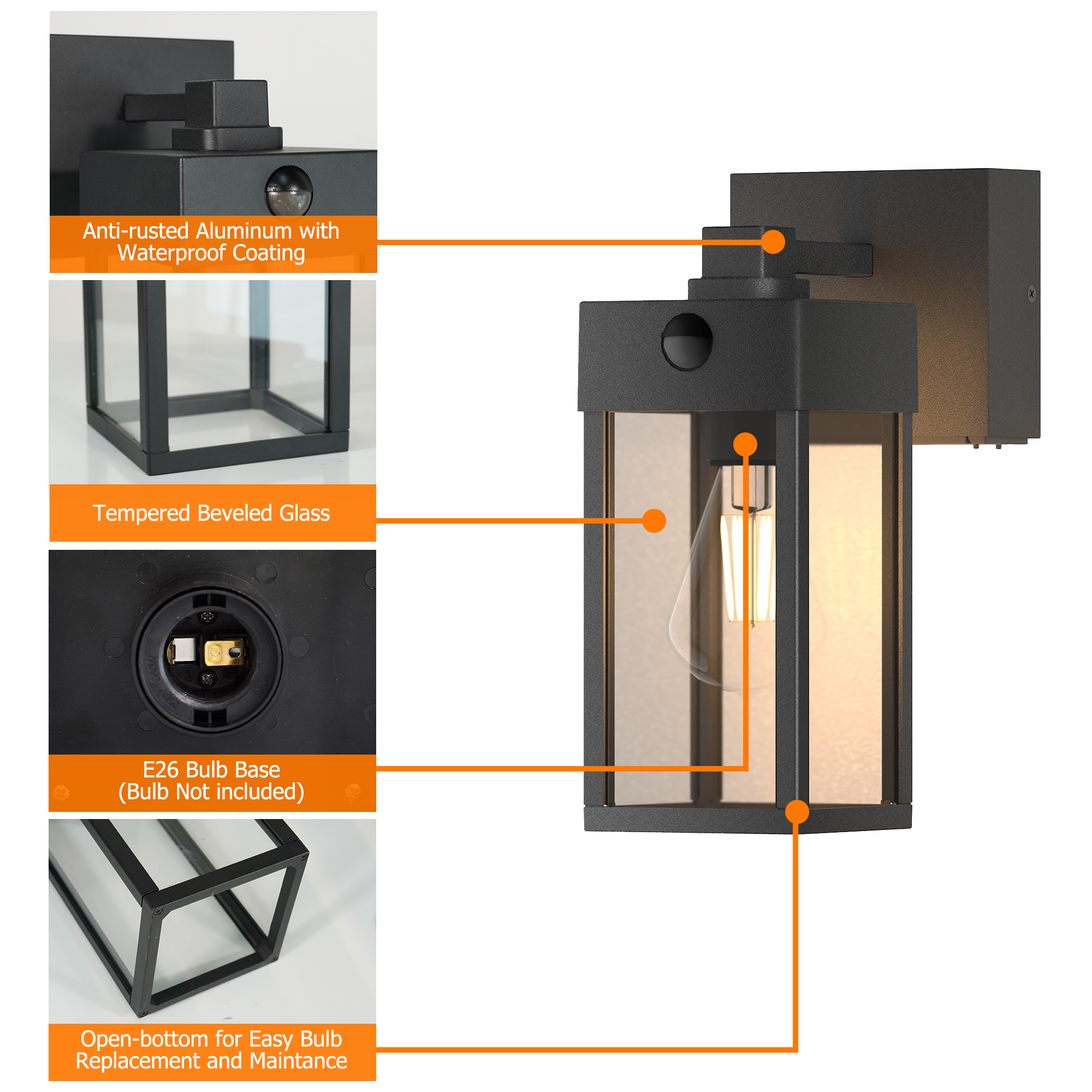 Porch Lights with GFCI Outlet, Motion Sensor Waterproof Outdoor Wall Sconce, Exterior Modern Lighting Fixtures, 20A Weatherproof Dual E26 Sockets, Rustproof Aluminum for Patio/Garage