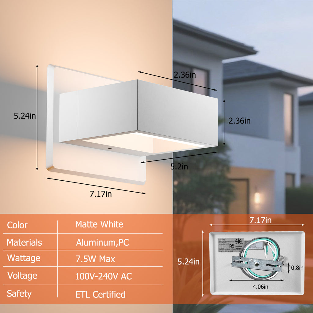 Modern Outdoor Wall Light, Up Down Lights Outdoor Wall Sconce with Integrated 3000K Warm White LED, Durable Waterproof Patio & Porch Light Fixture for Front Door, Garage and Exterior, White
