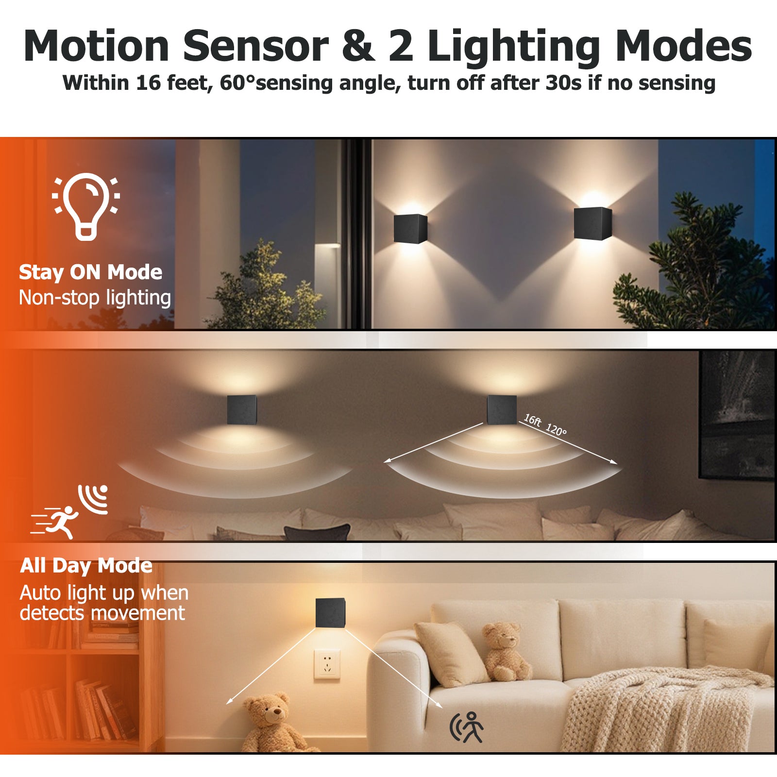 2-Pack Motion Sensor LED Wall Light, Wireless Tool-Free Installation, 2000mAh Type-C Rechargeable, IP65 Waterproof Aluminum Sconce for Front Door, Porch, Hallway, Patio (Black)