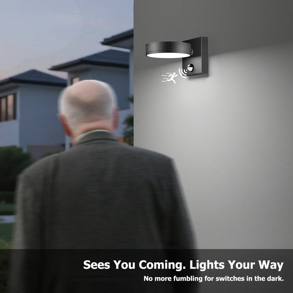 360° Adjustable Motion Sensor LED Outdoor Wall Sconce, 1500LM Frameless Solid Aluminum Waterproof Exterior Light for Porch, Garage, Entryway, Patio