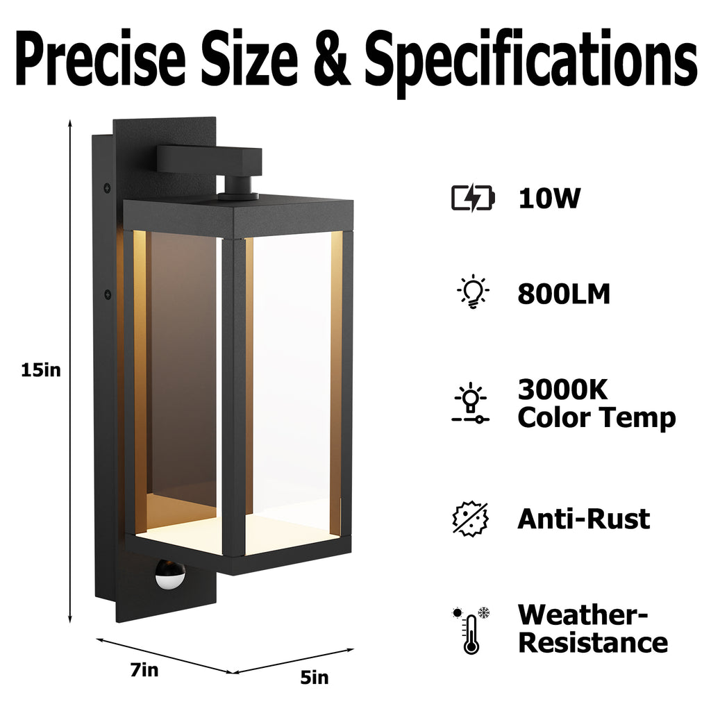Motion Sensor LED Light, 15" Outdoor Wall Light Fixture, Waterproof Coach Lights with Tempered Glass, Exterior Porch Light for Front Door, House, Garage, Patio, Garden (Black)