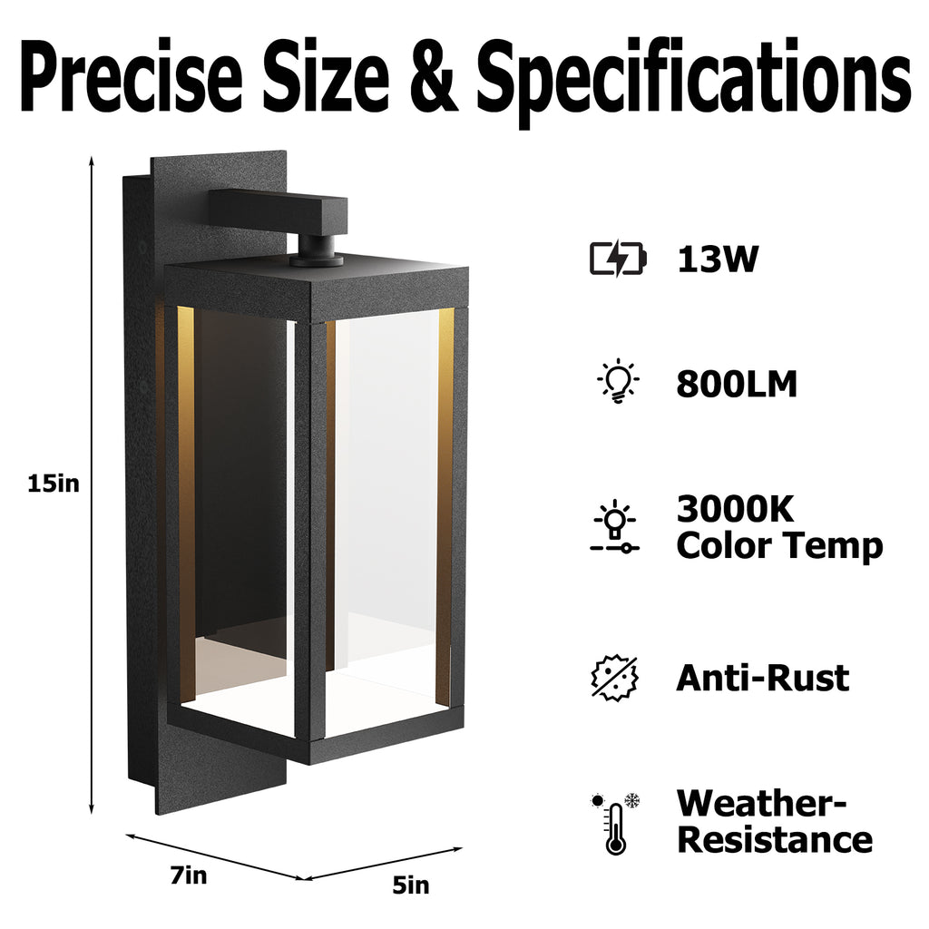 Outdoor Wall Light Fixtures, 15” Exterior Waterproof Wall Lanterns, Porch Sconces Lighting, Modern Matte Black Outside Lights for Patio Front Door Entryway Garage