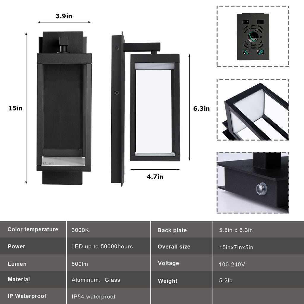 Dusk to Dawn Outdoor Wall Light 15 inch Exterior Light Fixture Wall Mount for House Front Porch Light, White Anti-Rust Aluminium Exterior Wall Sconce Lamp with Tempered Glass for Doorway, Garage